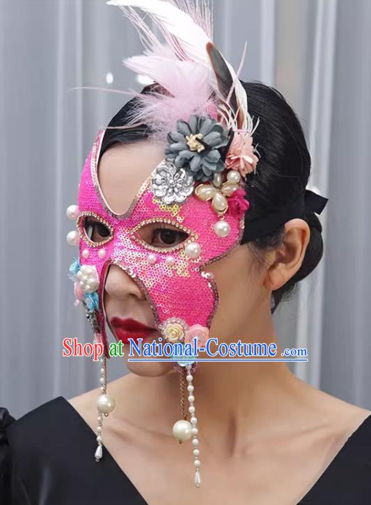 Rose Red Sequin Beaded Flower Mask Retro Elegant Masquerade Halloween Annual Meeting Party