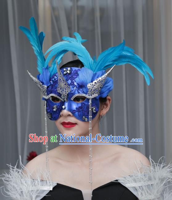 European And American Exaggerated Venice Blue Flower Mask Feather Masked Singer Halloween Carnival Masquerade Party