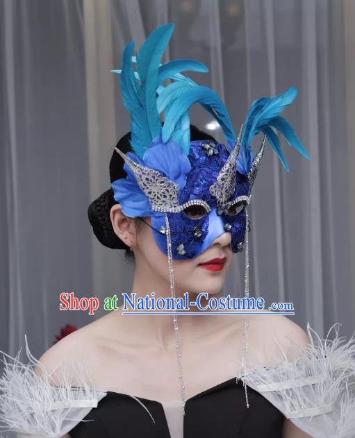 European And American Exaggerated Venice Blue Flower Mask Feather Masked Singer Halloween Carnival Masquerade Party