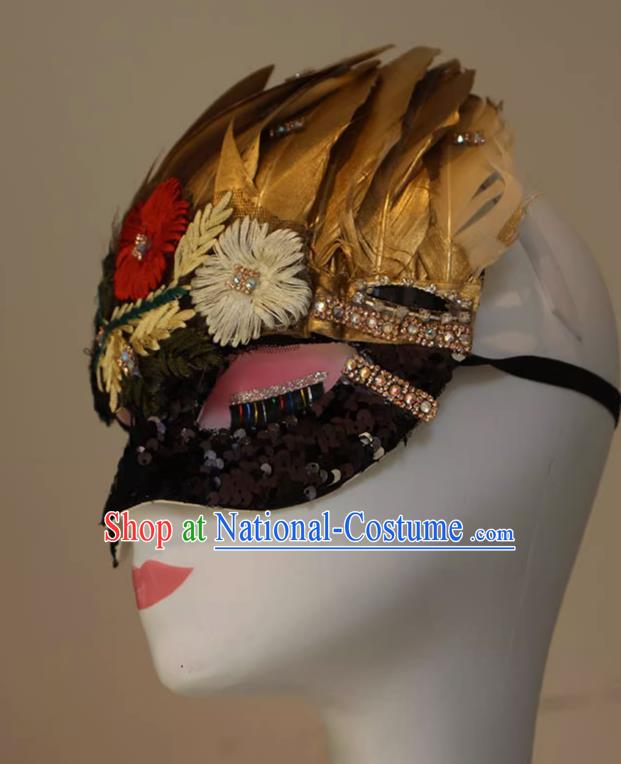 Chinese Style Embroidery Golden Feather Mask Masquerade Singing Halloween Face Makeup