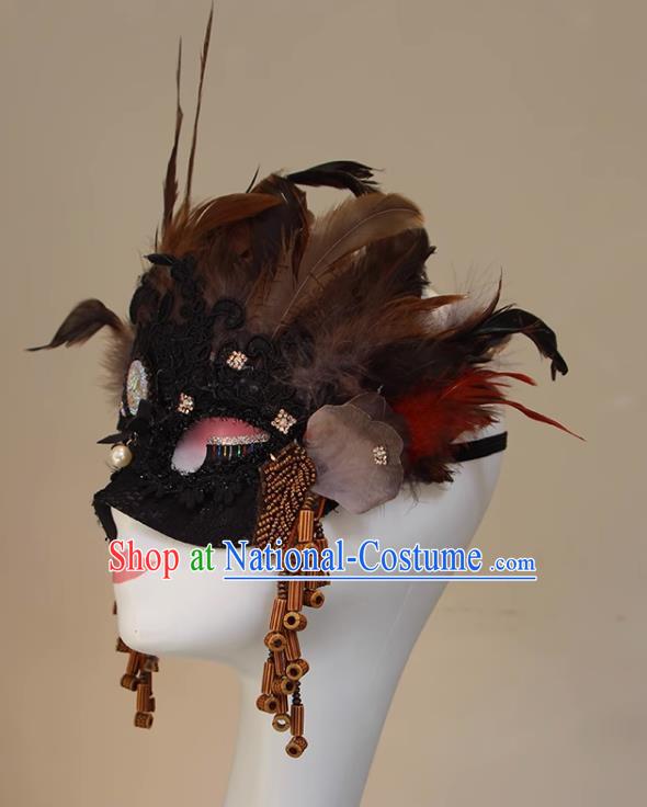 Ethnic Style Feather Brown Mask Performance Halloween Fashion Party Mysterious Half Face Accessories COS