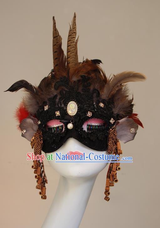 Ethnic Style Feather Brown Mask Performance Halloween Fashion Party Mysterious Half Face Accessories COS