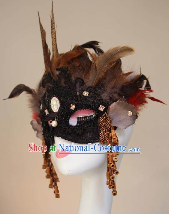 Ethnic Style Feather Brown Mask Performance Halloween Fashion Party Mysterious Half Face Accessories COS