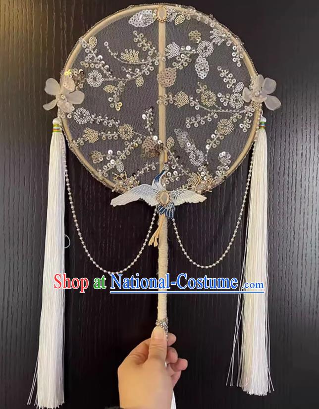 Embroidery Beads Heavy Industry Ancient Style Hanfu Long Handle Round Fan Handmade Palace Fan Dance Fan Chinese Style