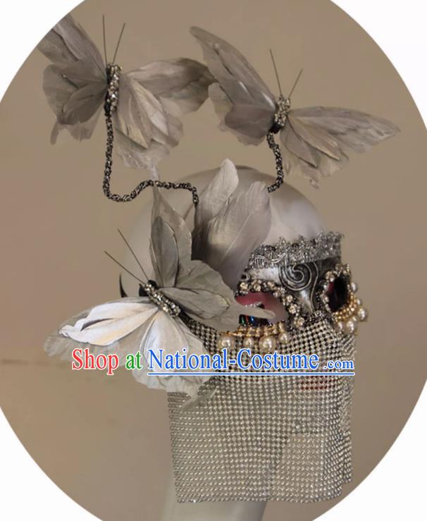 Silver Three Dimensional Feather Butterfly Metal Plating Texture Draped Veil Mask COS Performance Accessories