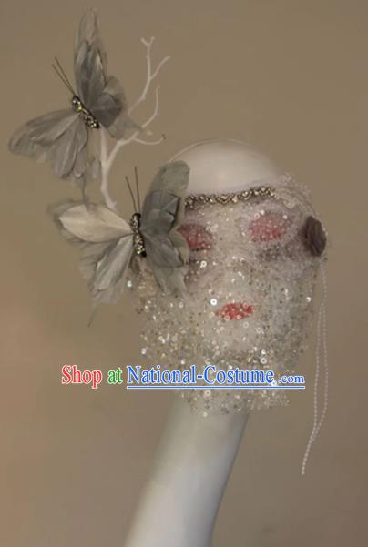 Silver Three Dimensional Feather Butterfly Metal Plating Texture Draped Veil Mask COS Performance Accessories