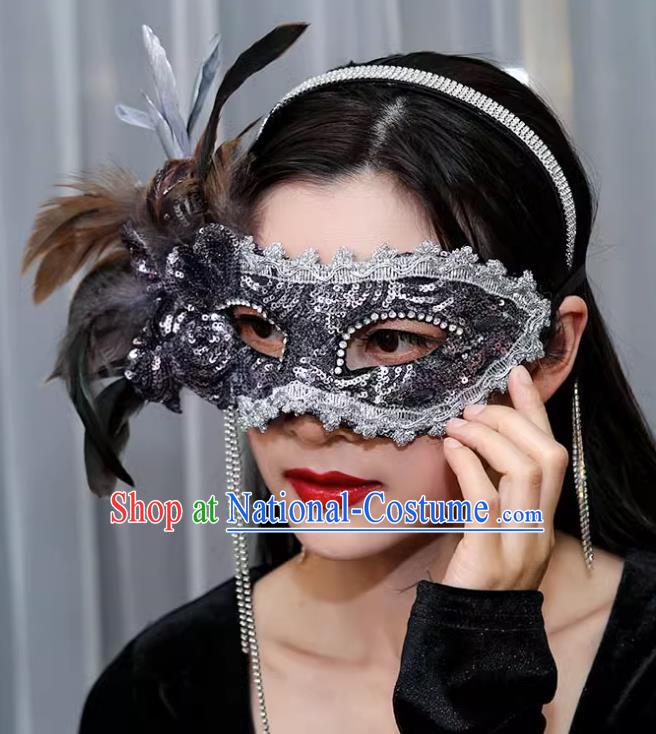 Venetian Gray Flower Mask Feather Masked Singer Halloween Carnival Party Mask