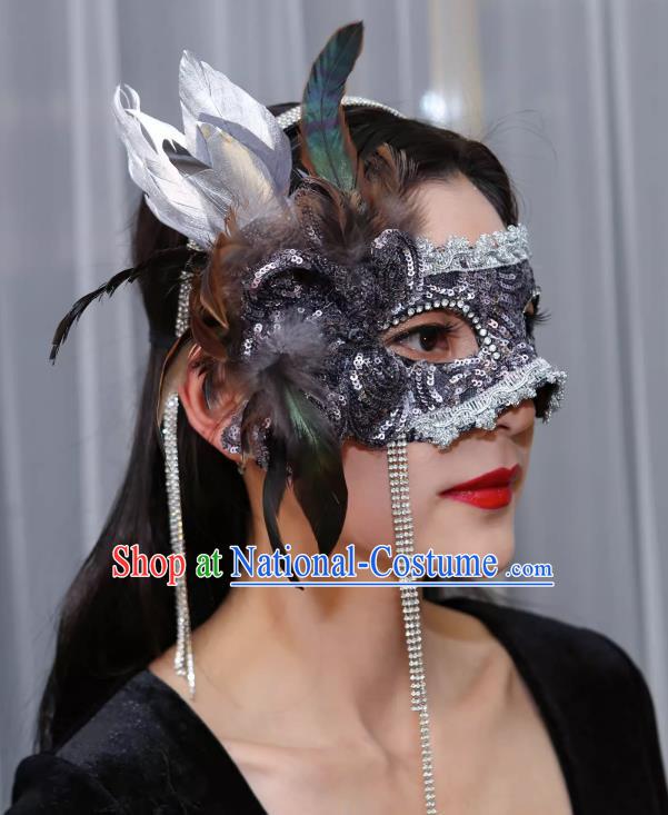 Venetian Gray Flower Mask Feather Masked Singer Halloween Carnival Party Mask