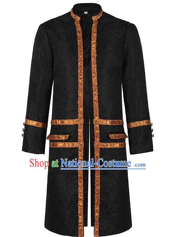 Medieval Black Jacquard Jacket Male Cosplay Old Aristocratic Court Coat Dark Gold Edging Collar Stand-Up Costume