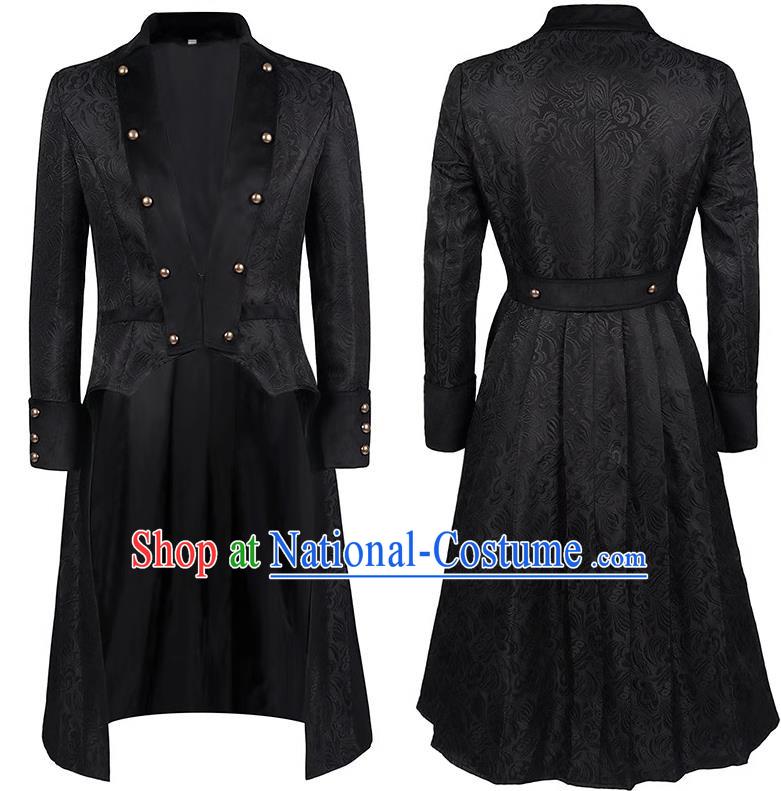 European And American Retro Black Coat Metal Rivets Rebuttal Collar Long-Sleeved Coat Medieval Stage Play Costume Large Size