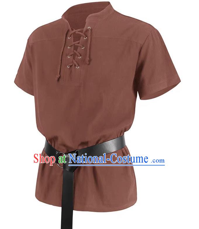 Medieval Retro Short-Sleeved Shirt Men Solid Color Drawstring Henry Collar Top Summer European And American Drama Costume Stand Collar