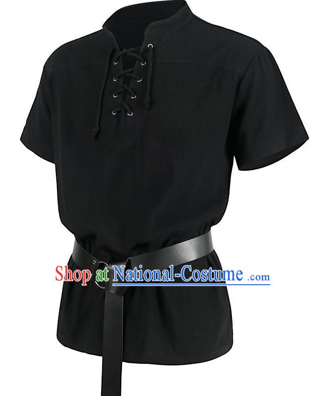 Medieval Retro Short-Sleeved Shirt Men Solid Color Drawstring Henry Collar Top Summer European And American Drama Costume Stand Collar