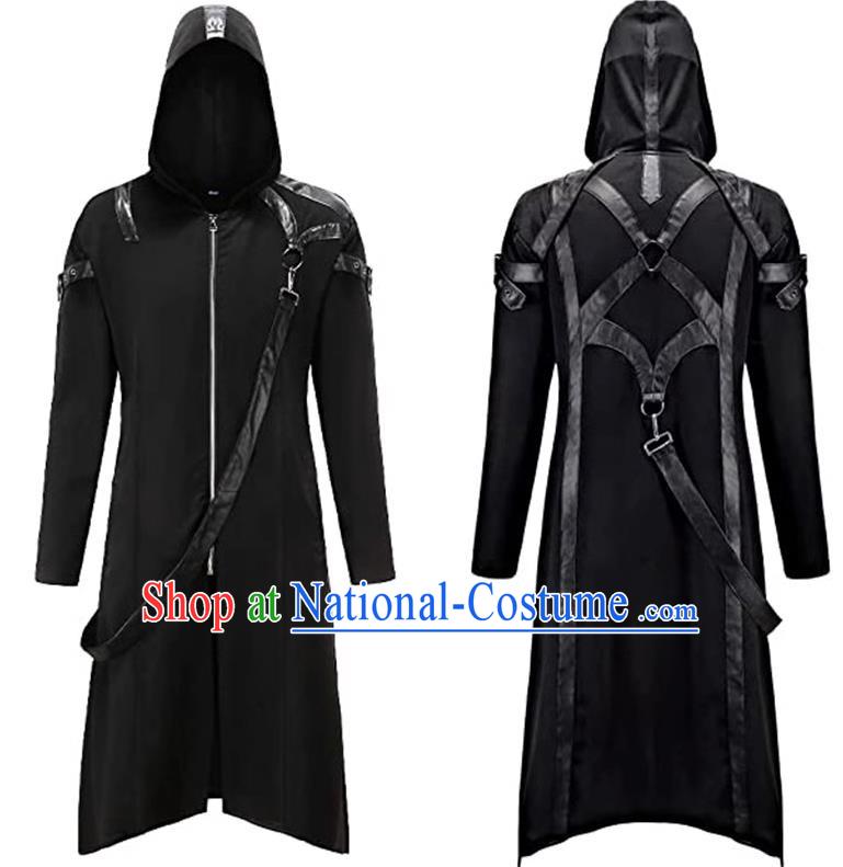 Dark Gothic Wind Hooded Jacket Men Cosplay Shadow Assassin Costume With Straps And Leather Solid Color Large Size