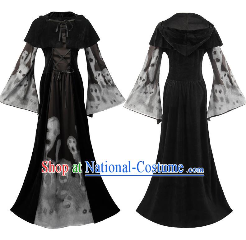 Halloween Black Ghost Robe Cosplay Skeleton Queen Retro Costume Hooded Adult Ghost Pattern Clothes