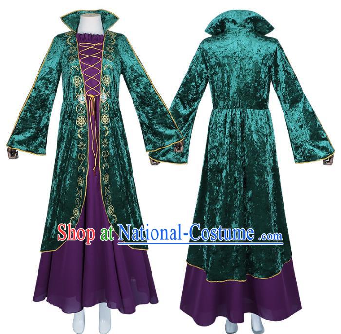 Green Retro Velvet Dress Cosplay Witch Costume Big Swing Sleeves