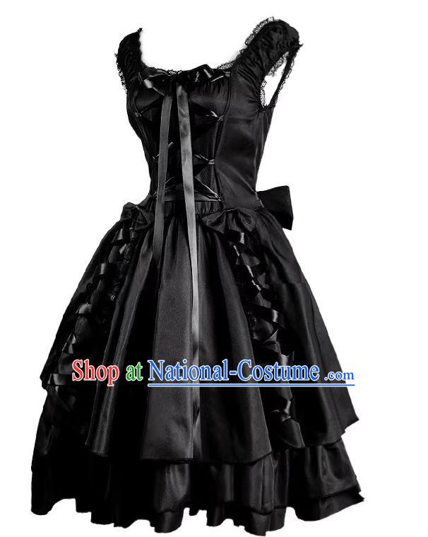 Pure Black Retro Strap Dress Gothic Bow Fluffy Maid Dress Halloween Girl Costume