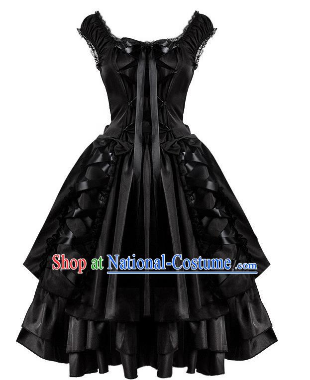 Pure Black Retro Strap Dress Gothic Bow Fluffy Maid Dress Halloween Girl Costume