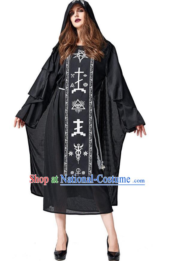 Black Totem Rune Robe Shaman Wizard Hooded Cloak Adult Cosplay Accountant Costume Halloween