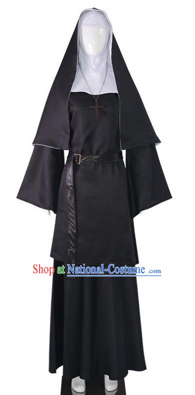 Retro Black Nun Robe Large Size With Shawl Headgear Monastery Uniform Cosplay Nun Costume