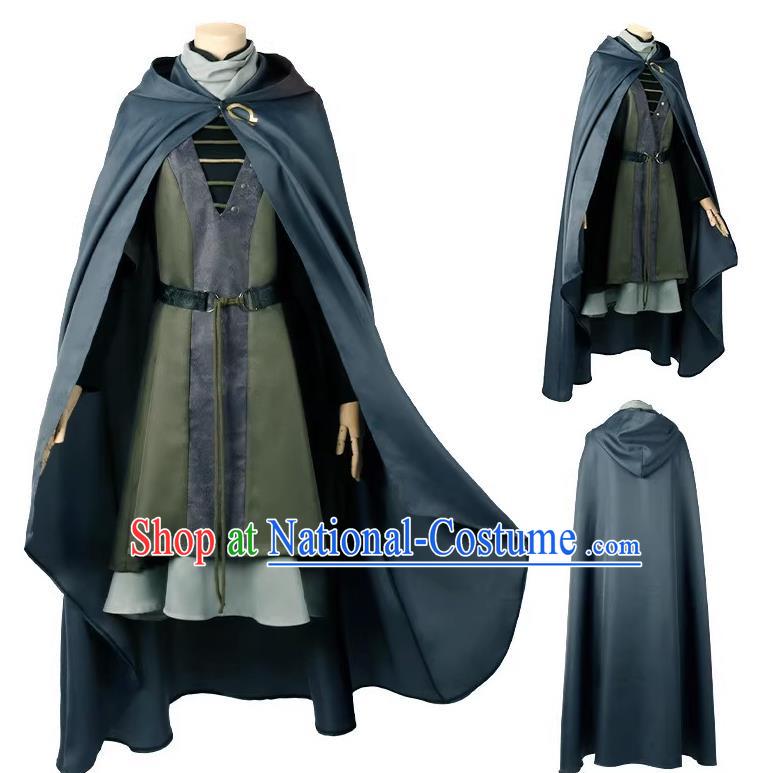 Retro Female Ranger Costume Adult Hooded Cape Cosplay Green Robe Suit