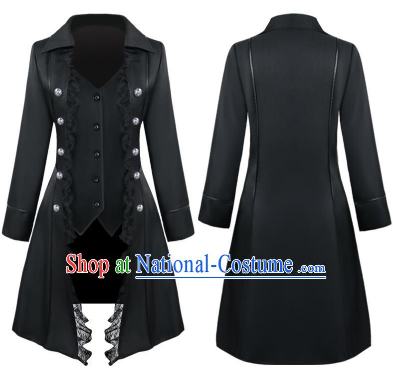 Medieval Retro Women Coat European And American Historical Drama Stage Costume Solid Color Three-Breasted Lace Edge Coat