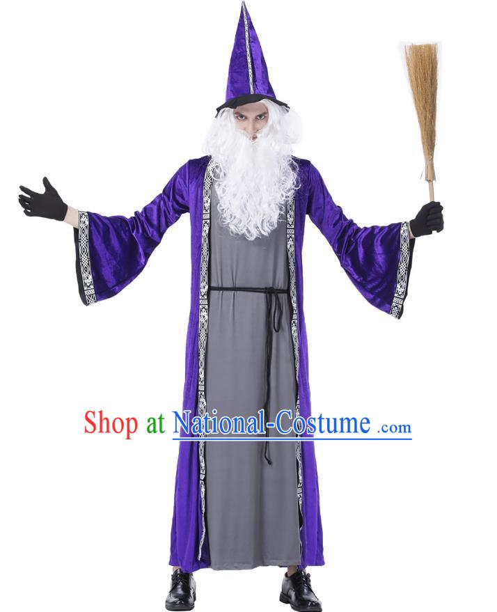 Halloween Blue Magician Costume Cosplay High Pointed Hat Elf Wizard Adult Long Section Warlock Costume Large Size