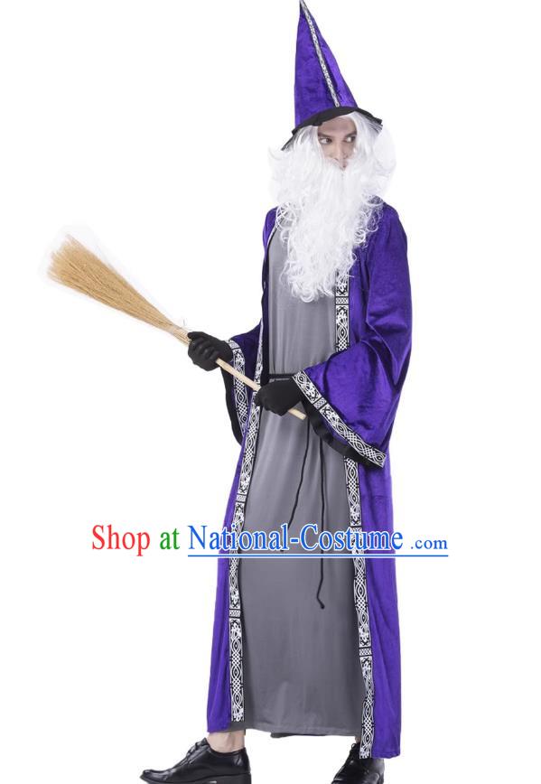 Halloween Blue Magician Costume Cosplay High Pointed Hat Elf Wizard Adult Long Section Warlock Costume Large Size