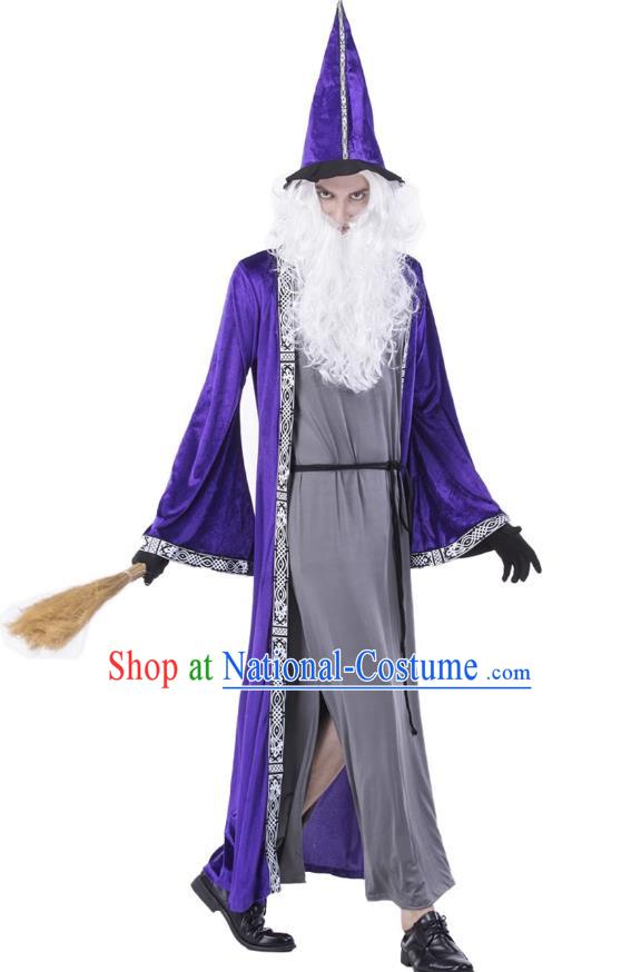 Halloween Blue Magician Costume Cosplay High Pointed Hat Elf Wizard Adult Long Section Warlock Costume Large Size