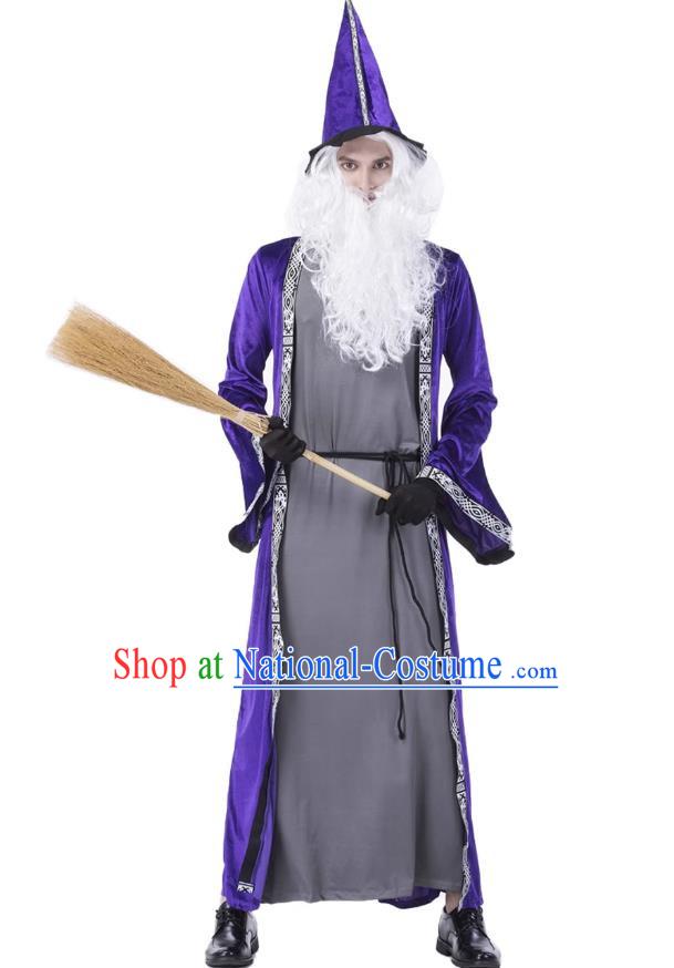 Halloween Blue Magician Costume Cosplay High Pointed Hat Elf Wizard Adult Long Section Warlock Costume Large Size