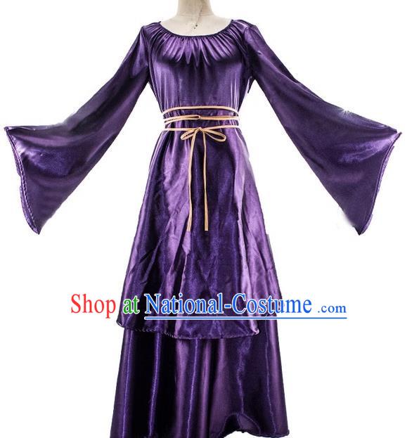 Medieval European Long Dress Female Purple Imitation Silk Shiny Dress Retro Round Neck Large Swing Sleeve Clothing