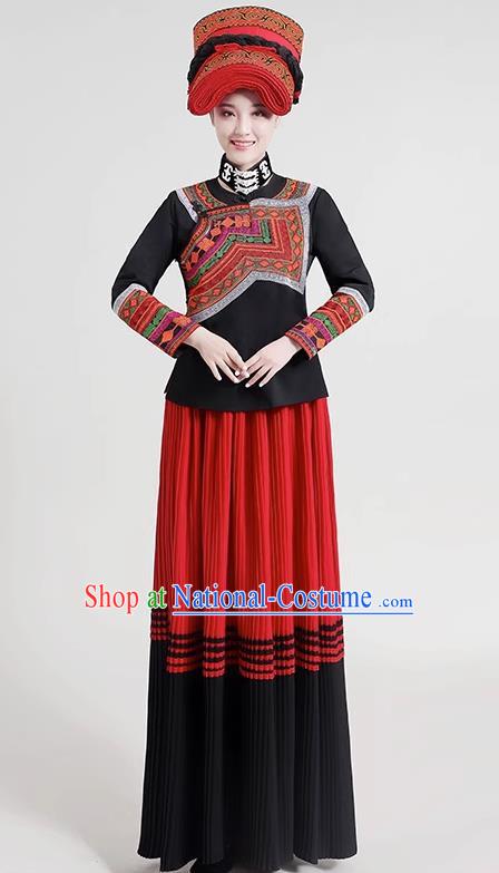 Yunnan Yi Ethnic Minority Traditional Women Dress Long Skirt Embroidery Daily Life Torch Festival Performance Costumes