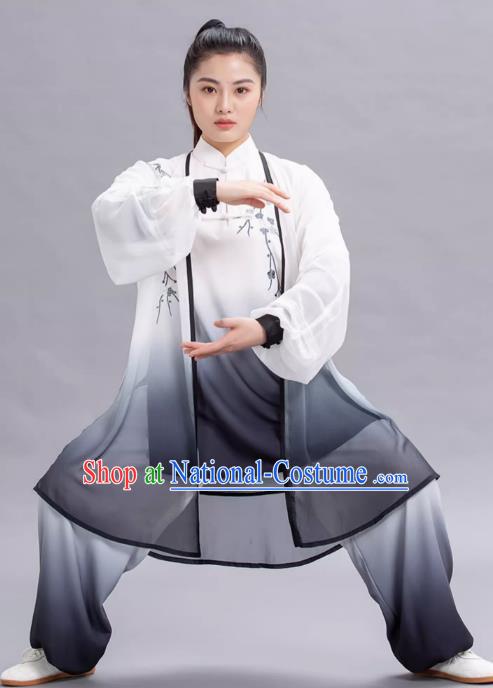 Tai Chi Ink Plum Blossom Embroidery Gradient Transition Color Three Piece Set Elegant Performance Costume Competition Tai Chi Costume