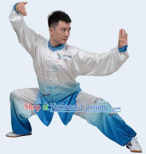 Blue Tai Chi Clothes Cloud Crane Gradient Transition Color Three Piece Suit Drape Embroidered Exercise Clothes Men And Women Performance Clothes