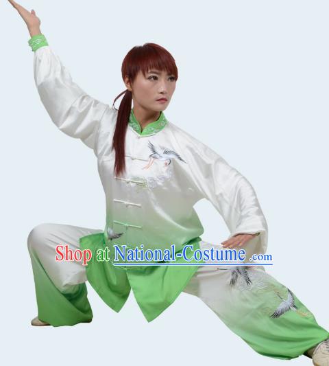 Green Tai Chi Suit Cloud Crane Gradient Transition Color Three Piece Suit Draped Embroidery Practice Suit Men And Women Performance Suit