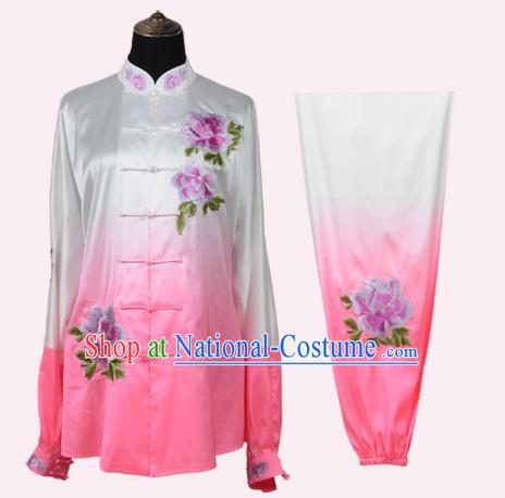 Tai Chi Clothing National Color Heavenly Fragrance Embroidery Peony Gradient Transition Pink Performance Competition Practice Martial Arts Clothing Female