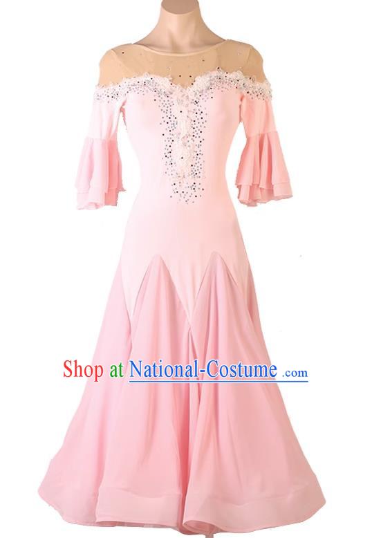 Pink Modern Dance Dress Professional Performance Competition Clothing Waltz Ballroom Dance Chiffon Swing Skirt