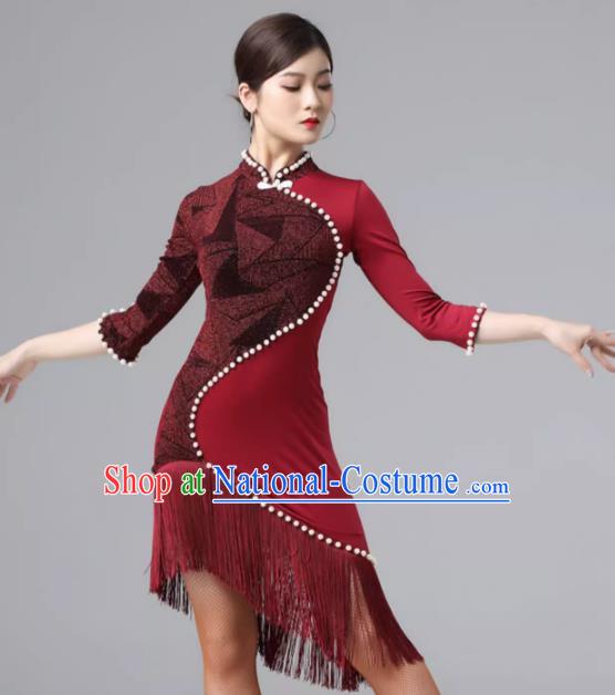 Latin Dance Skirt Practice Clothes Female Adult Performance Competition High End Cheongsam Collar Pearl Tassel Sexy Slim Dress