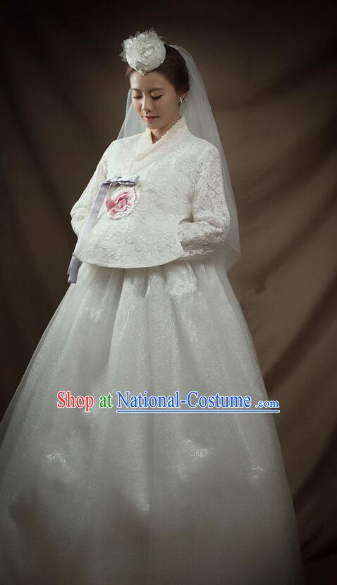 White Lace Hanbok Top Bride Costume Korean Traditional Wedding Dress