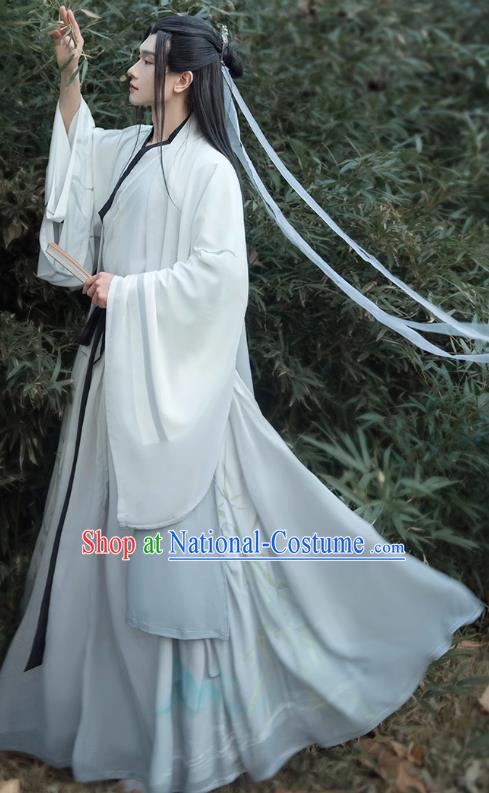 Chinese Ancient Swordsman White Clothing Jin Dynasty Male Garment Costumes Traditional Young Hero Hanfu