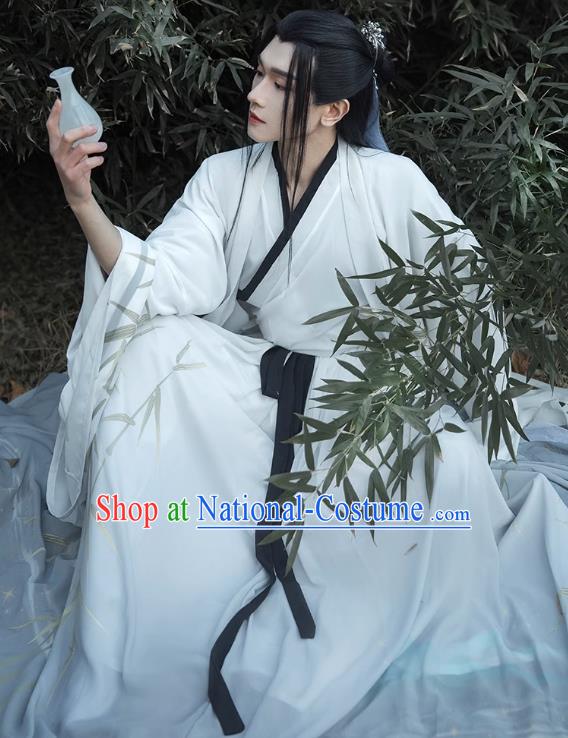 Chinese Ancient Swordsman White Clothing Jin Dynasty Male Garment Costumes Traditional Young Hero Hanfu