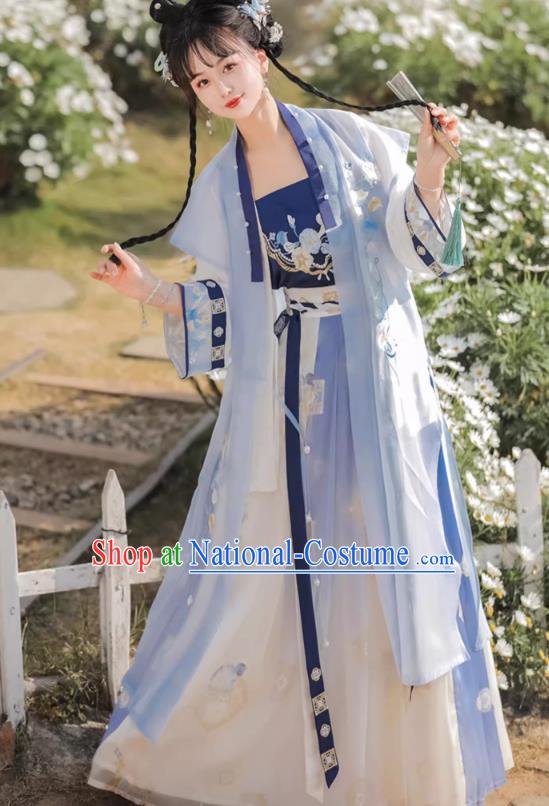 Chinese Song Dynasty Female Garment Costumes Traditional Blue Hanfu Dress Ancient Young Woman Clothing