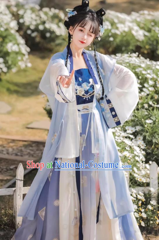 Chinese Song Dynasty Female Garment Costumes Traditional Blue Hanfu Dress Ancient Young Woman Clothing