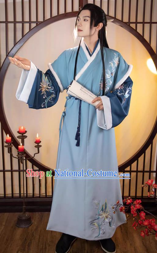 Chinese Ancient Young Childe Clothing Song Dynasty Swordsman Garment Costumes Traditional Winter Blue Hanfu