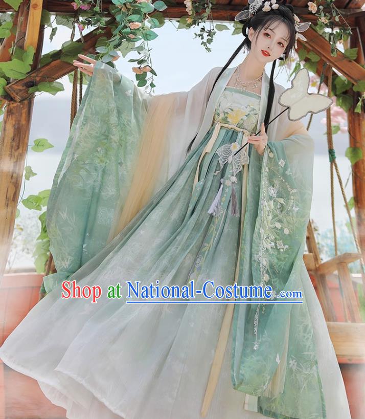 Chinese Ancient Flower Fairy Clothing Tang Dynasty Royal Princess Garment Costumes Traditional Green Hanfu Dress