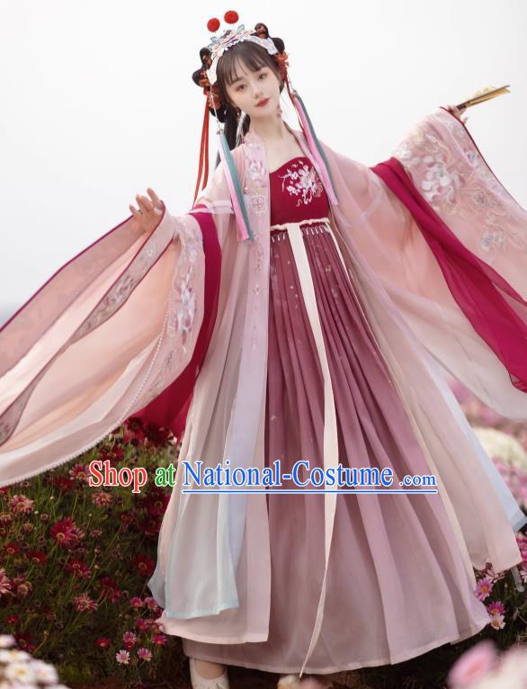 Chinese Tang Dynasty Royal Princess Garment Costumes Traditional Woman Red Hanfu Dress Ancient Flower Goddess Clothing