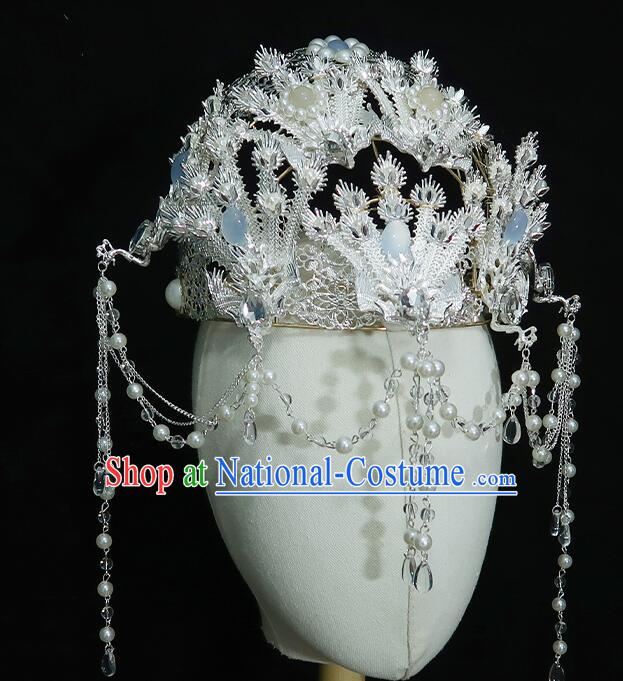 Chinese Ancient Empress Argent Crown Handmade Phoenix Headdress Hanfu Wedding Jewelries