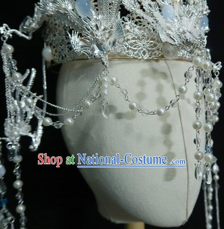 Chinese Ancient Empress Argent Crown Handmade Phoenix Headdress Hanfu Wedding Jewelries