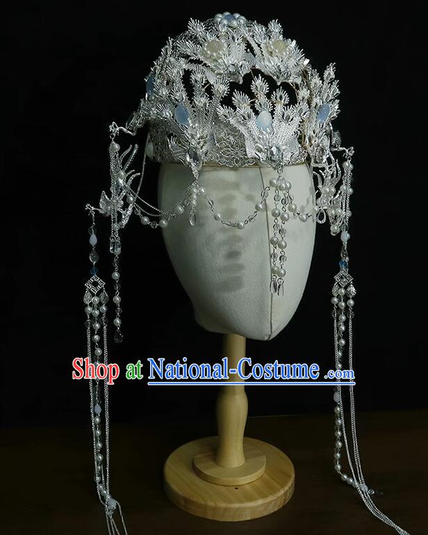 Chinese Ancient Empress Argent Crown Handmade Phoenix Headdress Hanfu Wedding Jewelries