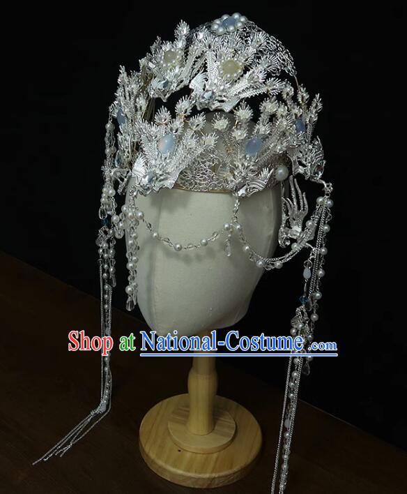 Chinese Ancient Empress Argent Crown Handmade Phoenix Headdress Hanfu Wedding Jewelries