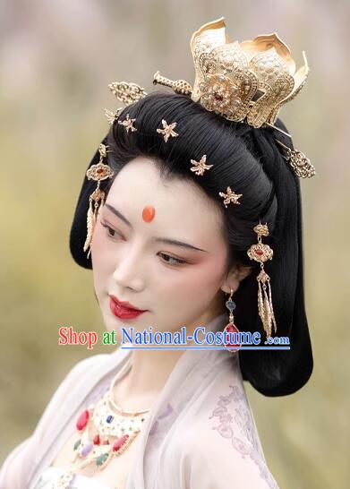 Chinese Ancient Empress Golden Lotus Crown Handmade Song Dynasty Court Woman Headdress Hanfu Hair Jewelries